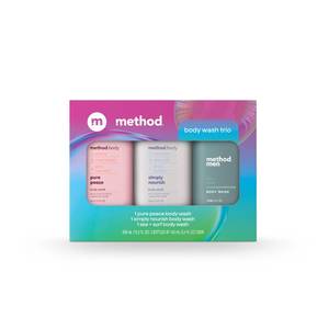 lot 12079 image: Method Body Wash Gift Set, Pure Peace, Simply Nourish and Sea  Surf, 3.4 oz Travel Size Bottles (Missing One)
