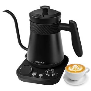 lot 13578 image: Secura Electric Gooseneck Kettle with 5 Temperature Control Presets, 100% Stainless Steel Inner TeaCoffee Kettle with 1.5H Keep Warm, 1200 Watt Quick Heating for Coffee Tea Brewing, 0.8L, Matt Black