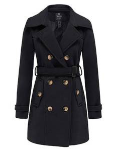 lot 13586 image: wantdo Womens Double Breasted Pea Coat Winter Mid-Long Trench Coat with Belt Black Medium