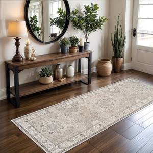 lot 13590 image: Washable 2x8 Hallway Runner Rug Vintage Water Resistant Kitchen Entryway Rug Ultra Soft Living Room Bedroom Carpet with Non Slip Backing Indoor Low Pile Floor Mat for Bathroom Dining Room(2x8,Beige)