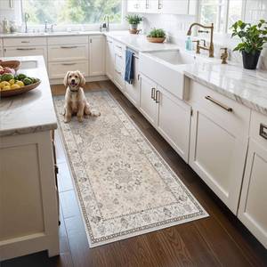 lot 13591 image: Hallway Washable Runner Rug - 3x6 Kitchen Rugs Entryway Rug Runner Vintage Soft Floor Mat Non Slip Indoor Farmhouse Carpet for Bathroom Living Room Bedroom (3 X 6, Beige)