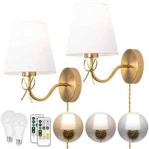 lot 13594 image: TREELAND Antique Brass Bow Wall Sconces with 110V Dimmable Remote Bulb, 3 Color Tempture, Timmer Function, Hardwire or Plug-in Cord Set of Two Vintage Gold Wall Lamp Light for Bedroom Living Room