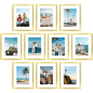 lot 13595 image: decorUhome 8x10 Picture Frame Set of 10, Display Photos 5x7 with Mat or 8x10 Unmatted for Picture Frames Collage Wall Decor, Gold