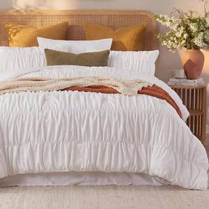 lot 13596 image: Bedbay 100% Cotton Ruched Comforter Set Queen Size,White Ruffle Comforter Set,Cotton Ruched Bedding Set,Romantic Vintage Ruffle Comforter 3 Pcs, Luxury Textured Pleat Artistic Bedding for All Seasons