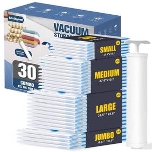 lot 13597 image: BoxLegend Vacuum Storage Bags with Large Hand Pump 30 Combo (4 Jumbo, 10 Large, 10 Medium, 6 Small) Thickened Vacuum Seal Bags for Clothing Space Saving for Clothes Pillow Comforters Bedding