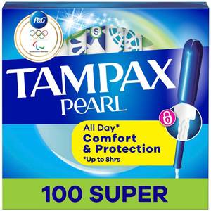 lot 13613 image: Tampax Pearl Tampons for Women, with LeakGuard Braid, Super Absorbency, Unscented, 100 Count (2 Packs of 50)