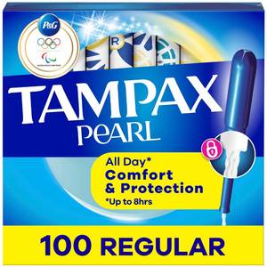 lot 13618 image: Tampax Pearl Tampons Regular Absorbency, with Leakguard Braid, Unscented, 50 Count x 2 Packs (100 Count Total) (Packaging May Vary)