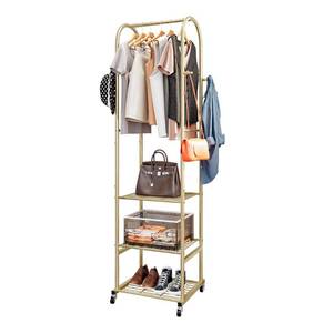 lot 13620 image: SUOERNUO Clothes Rack With Wheels and 3-Tier Metal Shelves,Clothing Rack For Hanging Clothes With 4 Hooks,Garment Rack Wardrobe Organizer for Small Space,Black (gold, 16.54  18.23  72.05)