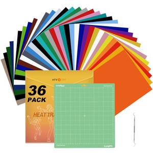 lot 14216 image: HTVRONT HTV Heat Transfer Vinyl Bundle 36 Pack 12 x 10 Iron On Vinyl with 1 Pack Standard Grip Cutting Mat for T-Shirt, 25pcs Assorted Colors HTV Vinyl with Tweezer for All Cutting Machine