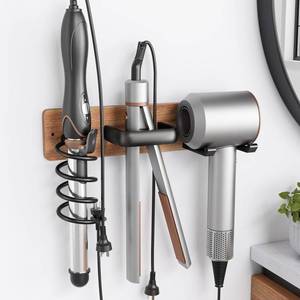 lot 14362 image: Tindbea Hair Dryer Holder Curling Iron Holder Flat Iron, Blow Dryer Holder Wall Mount, Bathroom Hair Tool Organizer Rack for Universal Dryer (Sapele Wood Matte Metal, Matte Black)