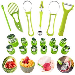lot 14363 image: 18pcs Melon Baller Scoop Set, FODIENS 4 In 1 Stainless Steel Fruit Slicer Peeler Set, Avocado Slicer Orange Peeler Fruits Vegetables Carving Tools Set with Mini Fruit Cookie Cutters Set