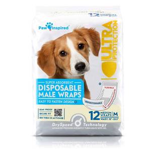 lot 14380 image: Paw Inspired Disposable Male Dog Wraps, Belly Band for Dogs  Disposable Dog Diapers  Belly Bands for Male Dogs (12 Count, Medium)