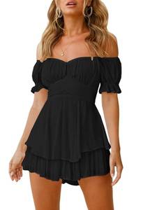 lot 14402 image: Fixmatti Women Fashion Ruffle Short Sleeve Off Shoulder High-Waisted Chiffon Romper Shorts Jumpsuit Black XL
