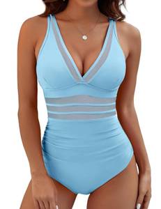lot 14404 image: BMJL Womens Tummy Control Swimsuit Mesh Sexy One Piece Bathing Suits Slimming V-Neck Swimwear(Sky Blue,L)