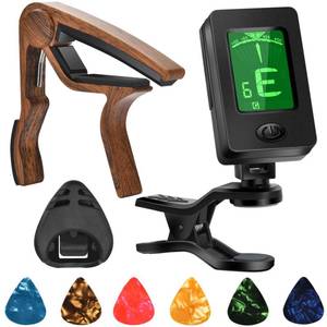 lot 14436 image: Guitar Capo, Guitar Picks, Guitar Accessories with Guitar Tuner, Capo for Acoustic Guitar, Bass, Buzzing-Free, Quick Release, Guitar Tuner Clip on for Guitar, Violin, Bass, Ukulele Chromatic, Rosewood