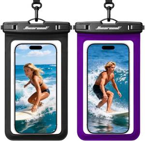 lot 14489 image: Hiearcool Universal Waterproof Phone Pouch Compatible for iPhone 16 15 14 13 Pro Max Plus Up to 8.3, IPX8 Beach Travel Essentials-Black&Purple-2Pack