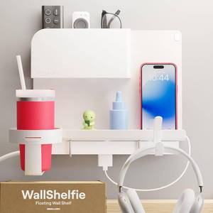 lot 17192 image: WallShelfie Bedside Wall Organizer & Dorm Decor - Dorm Room Essential, Floating Bedside Shelf Wall Mount Organizer, Remote Control Holder, Cool Teen Girls Trendy Stuff, Room Organization (White)