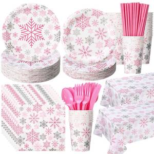 lot 17223 image: Funnymoom 452 Pcs Pink Snowflake Party Supplies Serves 50, Pink Snowflake Paper Plates Napkins Cups Tablecloth Cutlery Straws for Christmas Winter, Baby Shower Wonderland Birthday Party Decorations
