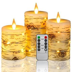 lot 17229 image: Flameless Candle LED Candles Hand Painted Birch Bark Effect Recessed Light String Candle Set of 3(H4,5,6) Ivory Real Wax Pillar Battery Operated Candles with Dancing LED Flame 10-Key Remote Control