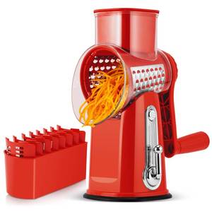 lot 17244 image: SUSTEAS Rotary Cheese Grater with Handle - Vegetable Shredder with 5 Well-designed Blades & Strong Suction Base,Round Mandoline Slicer & Food Chopper for Kitchen,with Blade Storage Box(Red)