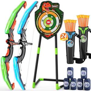 lot 17253 image: HYES 2 Pack Bow and Arrow for Kids, LED Light Up Archery Set with 24 Suction Cup Arrows, 1 Standing Target, 6 Score Targets & 2 Quiver, Indoor Outdoor Sport Gifts for Boys Girls Ages 4-8