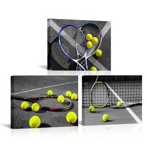lot 18246 image: KLVOS 3 Pieces Tennis Canvas Wall Art Tennis Ball and Racket on Court Pictures Artwork Black White Sports Painting Tennis Club GYM Wall Decor
