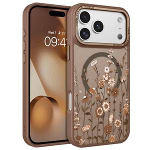 lot 18259 image: DOMAVER for iPhone 17 Pro Max Case, Magnetic Phone Case for iPhone 17 Pro Max Compatible with MagSafe Slim Fit Flowers Floral Design Shockproof Protective Bumper Women Men Girls Boys Cover- Brown