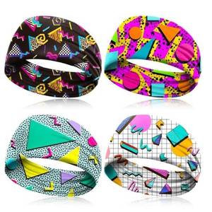 lot 18298 image: 4 Pack 80s 90s Neon Headbands Outfit Accessories for Women Men Retro Vintage Fashion Sweatbands 90s Athletic Elastic Hairband for Hip Hop Party Style Hiking Cycling Running