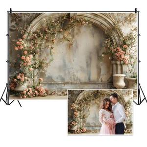 lot 18304 image: Vie Savaran 8x6ft Wedding Floral Backdrops Vintage European Building Wall Spring Pink Roses Flowers Elegant Photography Background for Mothers Day Birthday Bridal Shower Valentines Day Girls Women