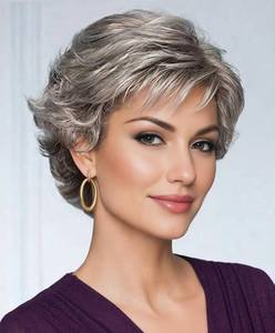lot 18308 image: SEVENCOLORS Short Gray Wigs for Women Mixed Grey Pixie Cut Wigs with Bangs Natural Looking Synthetic Hair Short Curly Wigs for Older Women