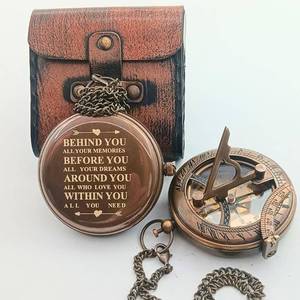 lot 18324 image: Behind You Engraved Brass Compass Gift for Men - Handcrafted Vintage Brass Sundial Compass �� Antique Nautical Sun Clock with Leather Case - Best Graduation Gift - Best College Graduation Gift