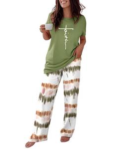 lot 18333 image: CHICME Womens Pajamas Sets 2 Piece Short Sleeve Lounge Set Printed Loose Pants Pj Sets Loungewear Set Ombre Green-XXL