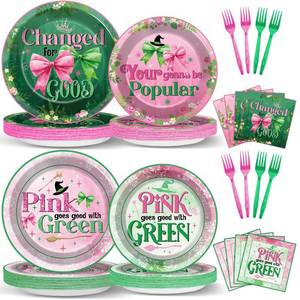 lot 18350 image: 96PCS Witch Themed Party Supplies Pink and Green Paper Plates and Napkins Enchanted Princess Tableware Dinnerware Pink Goes Good with Green Theme Table Decor for Magical Birthday Baby Shower