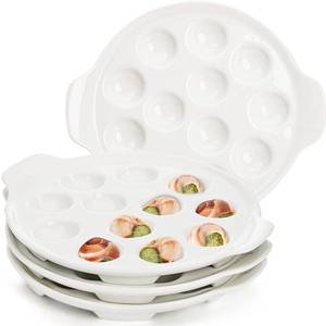 lot 19217 image: Okllen 4 Pack Ceramic Deviled eggs Plates with 12 Holes and Handles, 9 Inch Seafood Snail Dish Footed Plates White Escargot Baking Dish Server for Home, Kitchen, Restaurant, Hotel, BBQ