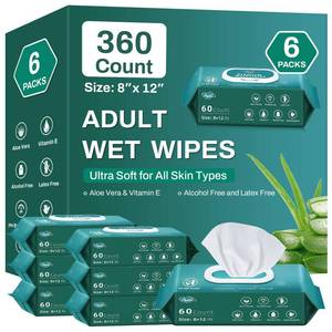 lot 19230 image: 360 Count Adult Wipes for Elderly, 8 x 12 Extra Large Adult Wipes for Incontinence & Cleansing - Disposable Washcloth for Elderly Bathing No-Rinse - Vitamin E & Aloe