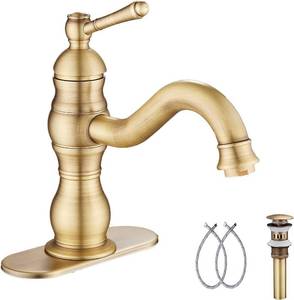 lot 19237 image: Antique Brass Bathroom Faucet GGStudy 360° Swivel Bathroom Vanity Faucet Single Handle One Hole Basin Matching Pop Up Drain with Overflow