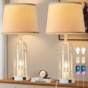 lot 19240 image: SRJJA Farmhouse Table Lamps for Living Room Set of 2 - Rustic Industrial Bedside Lamps for Bedroom Nightstand with Nightlight and USB AC, 4 Bulbs Included