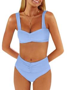 lot 20083 image: ANRABESS Bathing Suit for Women Tummy Control Bikini Set 2026 Beach Front Ruched Mid Waist Swimsuit with Adjustable Straps Light Blue Medium