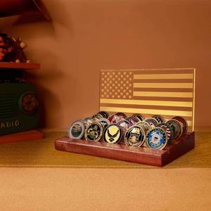 lot 20189 image: Lampeez Challenge Coin Display & Holder - American Flag Military Coin Display Case with Warm White Light, 4 Row Wooden Stand Rack, Gift for Army, Military, Him, Father