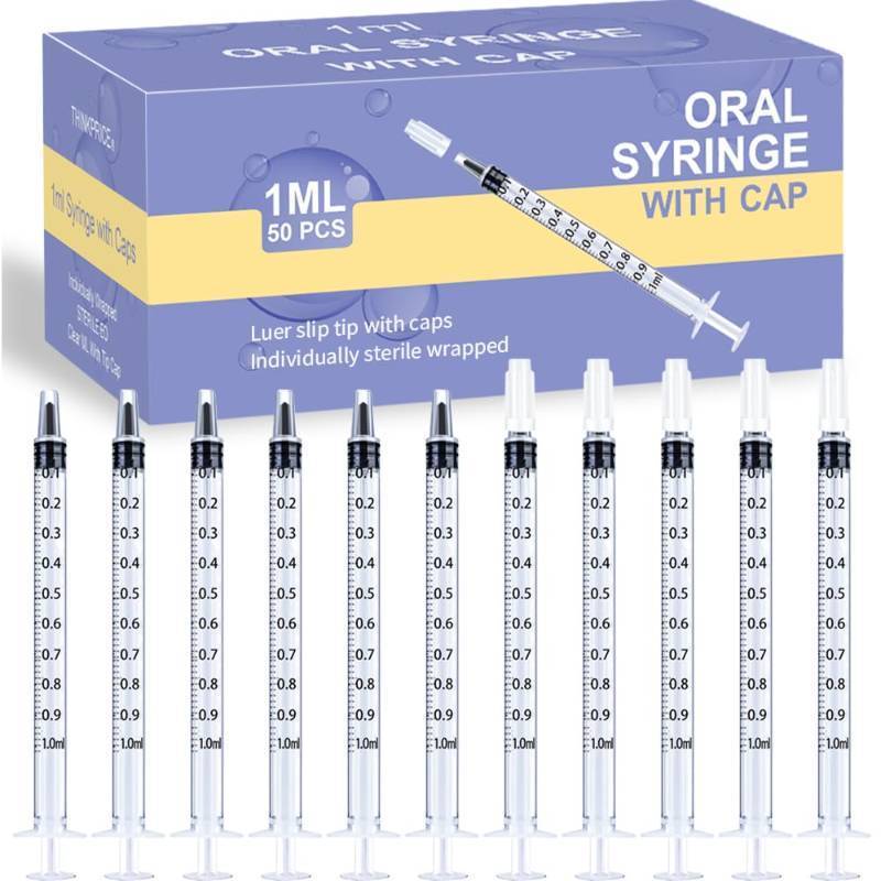 lot 25957 image: 50 Pcs 1ml Syringes with Caps Oral Dispenser Individually Sterile Warpped for Medicine Dropper, Colostrum Collect Feeding Pets, Liquid - Retail $10