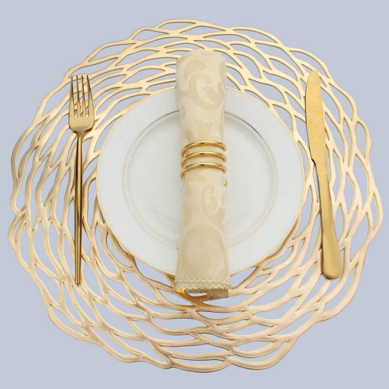 lot 25991 image: Evevde Gold Round Placemats for Dinner Table Set of 6 Metallic Plastic Vinyl Place Mats No-Slip Wipeable 6Pcs Table Mats for Daily Use Wedding Anniversary Kitchen Table Decoration(Dia15inch38cm) - Retail $18