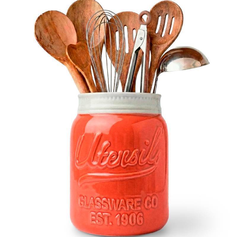 lot 26020 image: Comfify Wide Mouth Mason Jar Utensil Holder Decorative Kitchenware Organizer Crock, Dishwasher Safe - Kitchen Caddy, Large Size 7 High - Coral - Retail $23