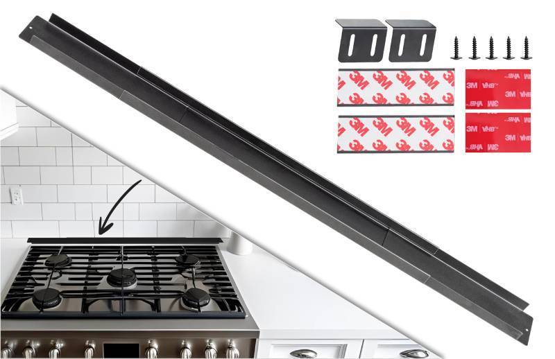 lot 40186 image: Expandable Rear Stove Gap Cover for Slide-In Ranges Stainless Steel, Black Powder Coated Adjustable Up to 32� Dual Install Options (1.5 inch WIDE) - Retail $30