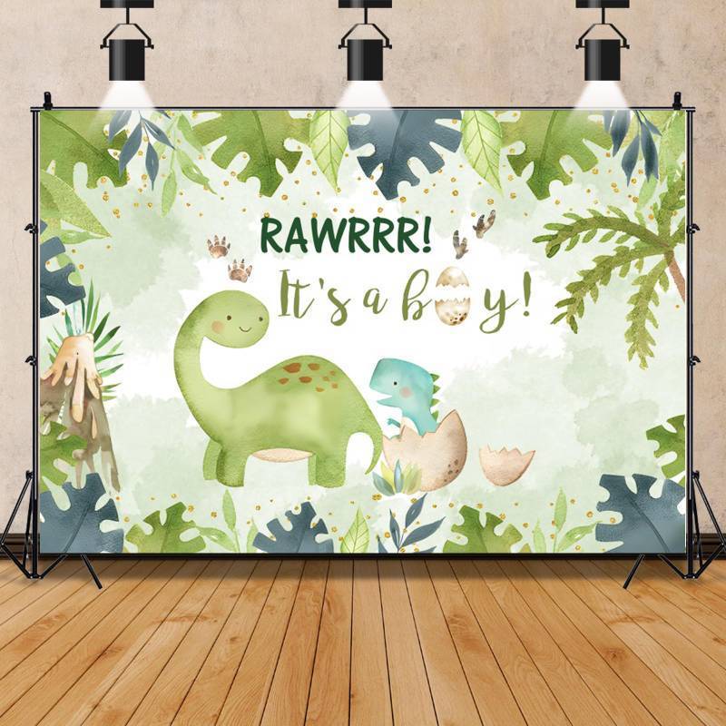 lot 51918 image: 8x6ft Little Dinosaur Its A Boy Backdrop Banner Green Baby Dinosaur That Just Broke Its Shell Baby Shower Photography Background Decorations for Boy Baby Shower Party Decorations Photoshoot Props - Retail $23