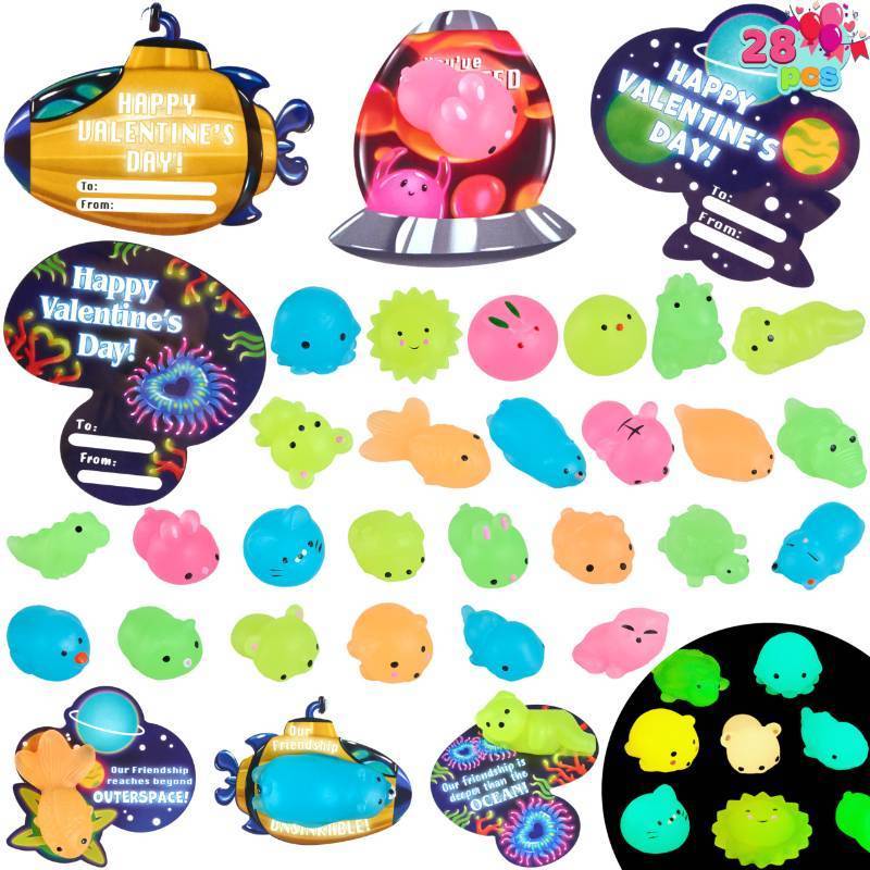 lot 59109 image: JOYIN 28 Packs Valentines Day Gift Cards with Mochi Squishy Toys, Glow in The Dark Mochis, Stress Relief Fidget Toys for Kids Valentines Party Favors, Classroom Exchange School Prizes - Retail $18