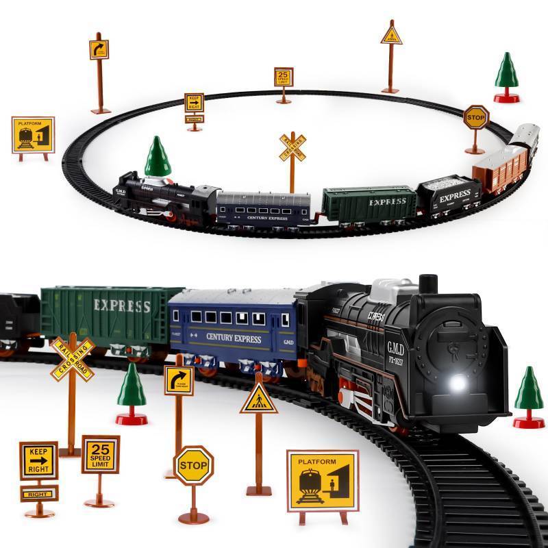 lot 59138 image: deAO Train Set with Light for Kids, Cargo Cars and Long Track for Boys & Girls Aged 3-12, Train Toys Railway Kits with Signposts & Trees, Electric Train Race Track Playset,Great for Birthday & Xmas