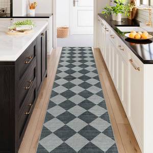 lot 3906 image: Beeiva Checkered Rug Runner for Hallways 2.5x12ft , Kitchen Runner Rugs Non Skid Washable Ultra Thin, Moroccan Extra Long Carpet for Bathroom Decor, Modern Plaid Carpet for Kitchen (BlueGrey) - Retail $60