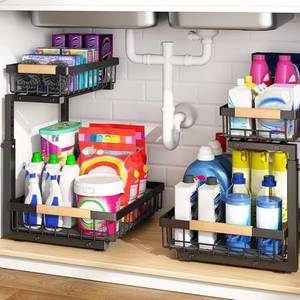 lot 3909 image: PXRACK Under Sink Organizer, Adjustable Height, 2-Pack 2 Tier Pull Out Under Cabinet Organizer, Slide Out Thickened Metal Under Sink Storage for Kitchen Bathroom Laundry Pantry Cabinet, L, Black - Retail $41