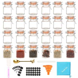 lot 3915 image: Homelike Style 3.4 oz Small Glass Spice Jars with Lables, 24 Pack Empty Mini Square Spice Bottles with Airtight Flip Top Lids, Chalkboard Labels and Collapsible Funnel for Home and Kitchen - Retail $33