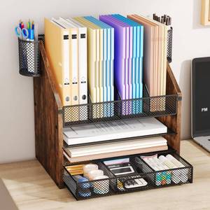 lot 3918 image: SWTYMIKI Desk Organizer with Drawers - Mesh and Wood Desk File Organizer with Pen Holders, 4-Tier Paper Organizer for Office Organizer and Accessorie, School and Home Storage, Espresso - Retail $30